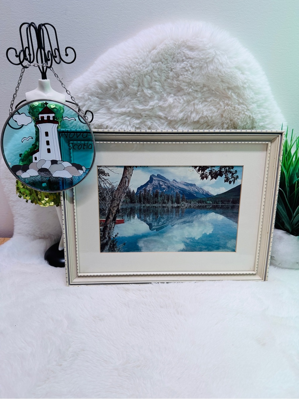 Framed Lake Mountain Print in White Frame & Blue Nova Scotia Sun Catcher ☀️